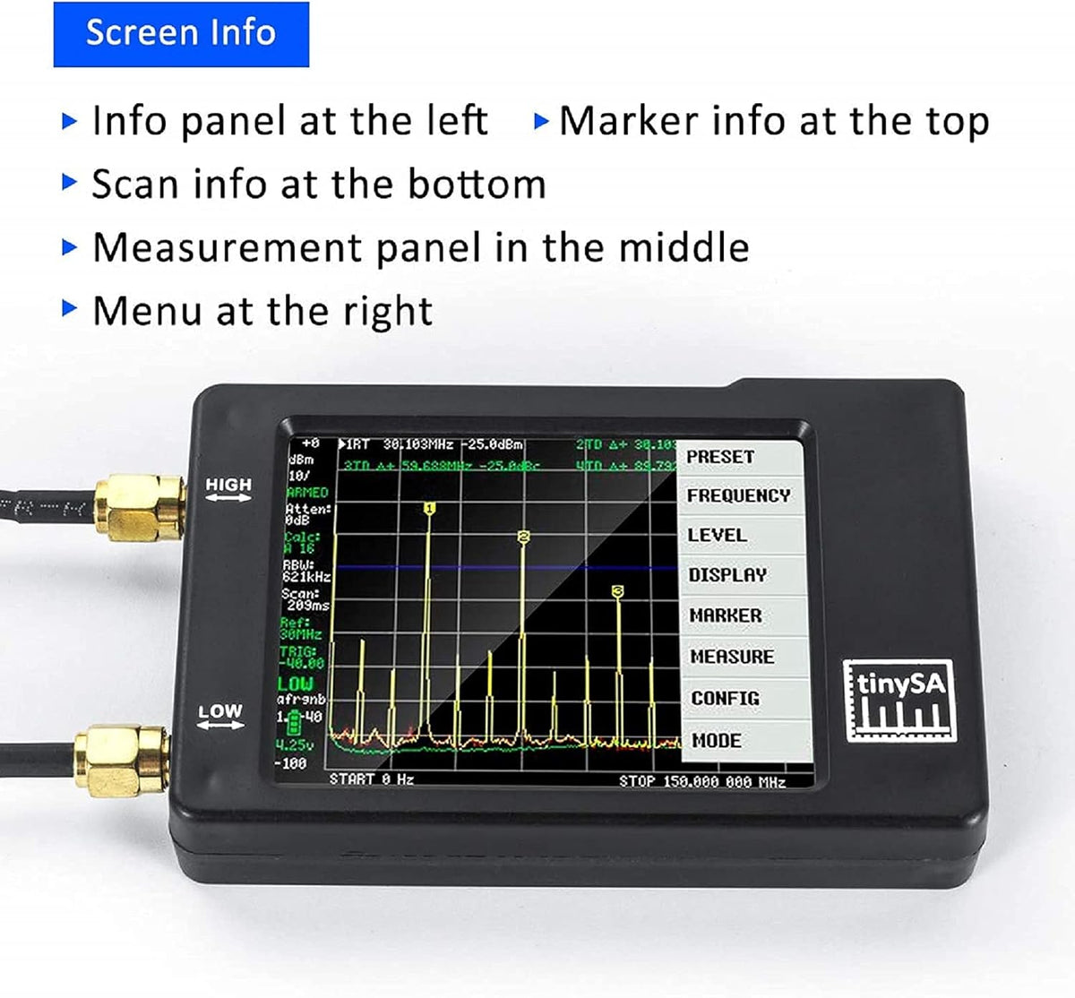 Portable Spectrum Analyzer with Antenna SMA Male to UHF Female Cables & 30db Attenuator, 0.1MHZ-960MHz 2.8'' Touchscreen X797