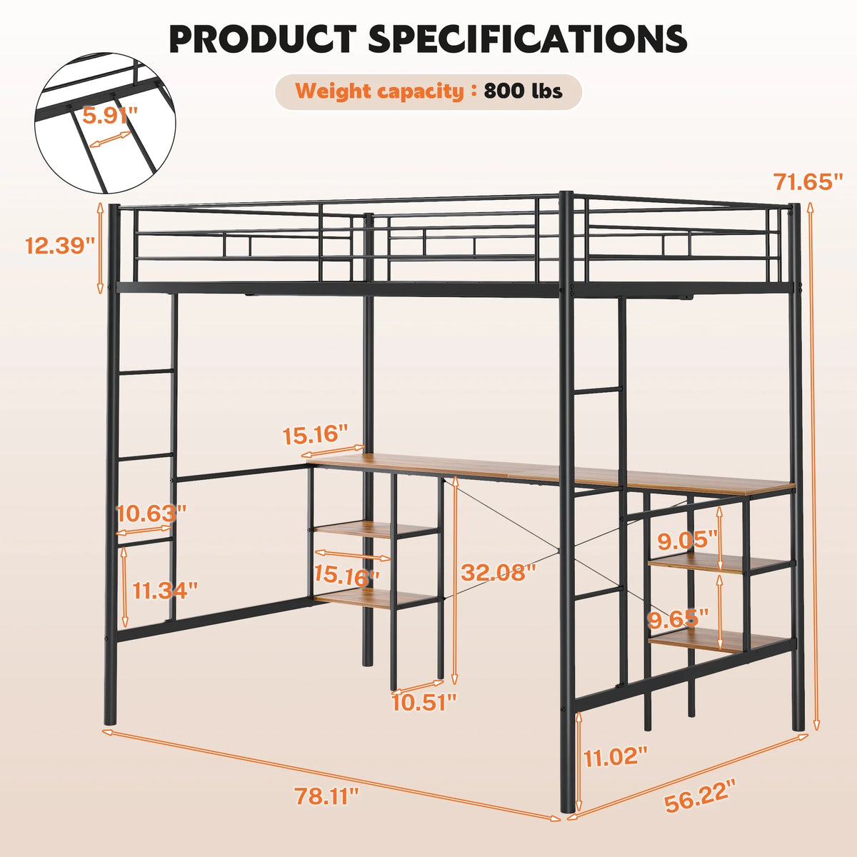 Black Twin Metal Loft Bed with Desk and 4 Shelves X6369