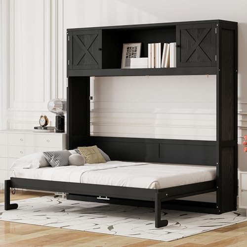 Black Full Horizontal Murphy Bed with Shelves and Storage Bookcase L9237