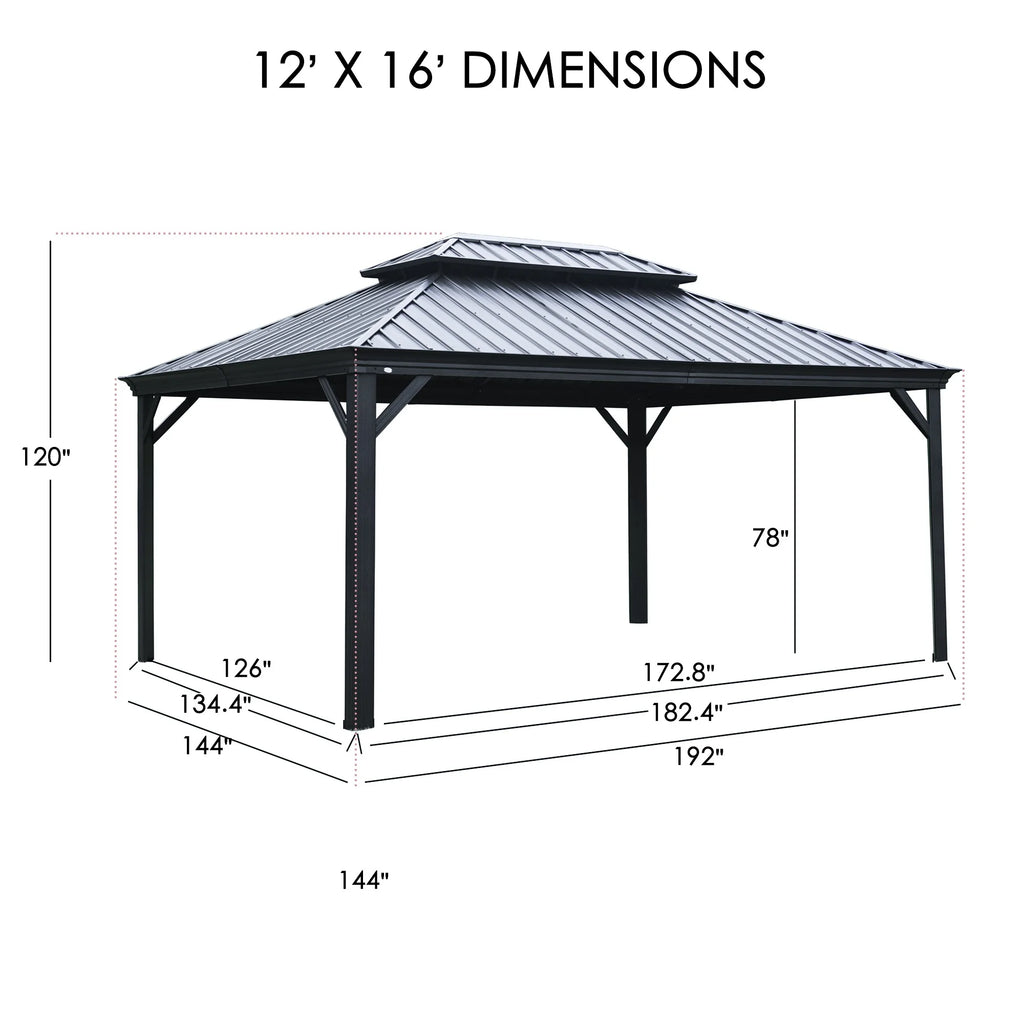 12'x16' Gray Hardtop Aluminum Permanent Gazebo with Mosquito Net and Privacy Sidewalls K9471