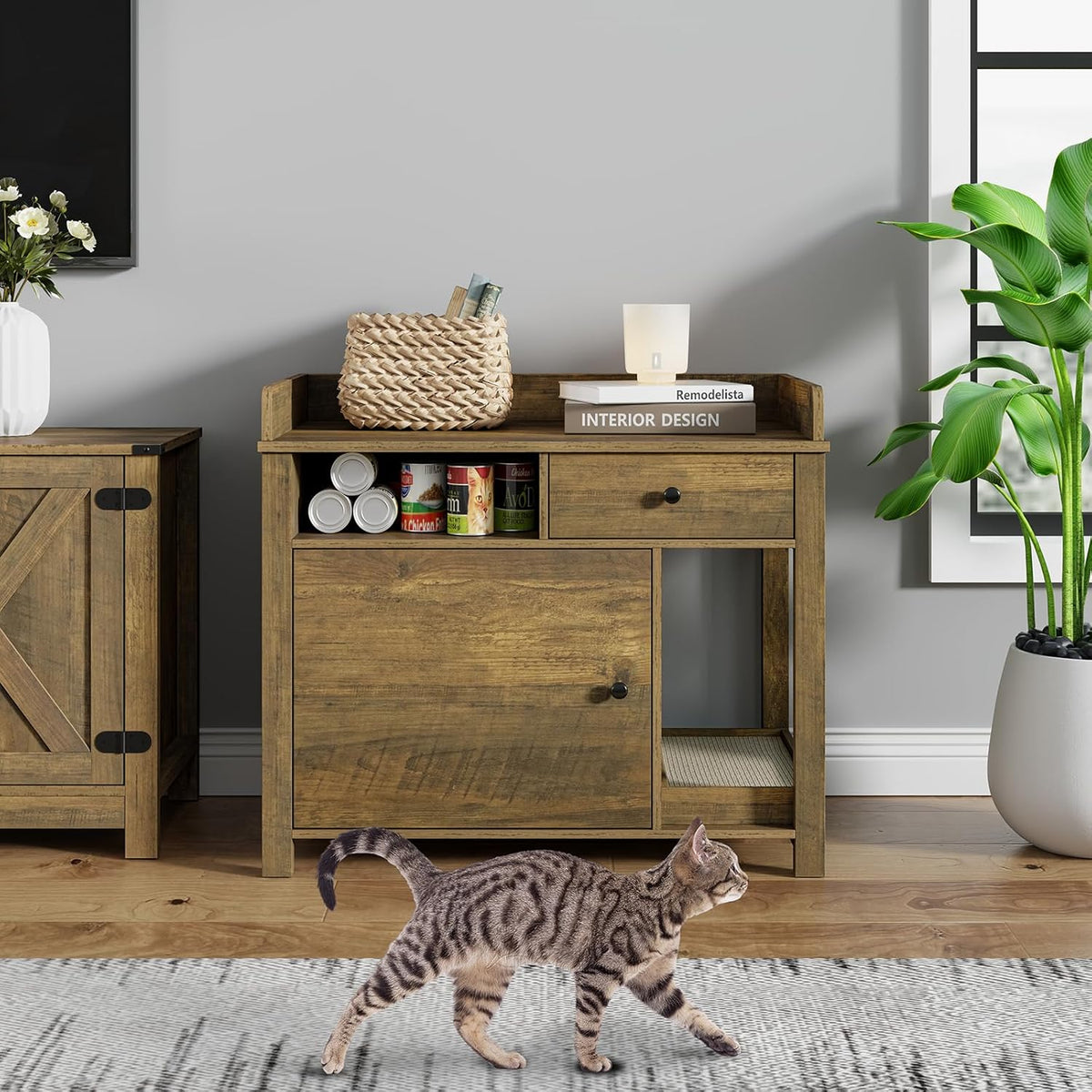 Wooden Cat Litter Box Enclosure with Shelves and Drawer E702820