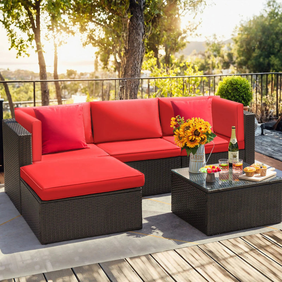 5 Pieces Outdoor Sectional Sofa with Tea Table and Ottoman Q27180