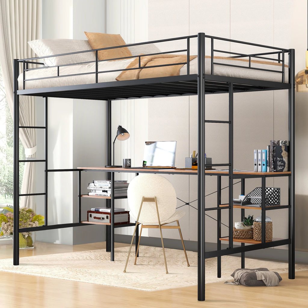 Black Twin Metal Loft Bed with Desk and 4 Shelves X6369