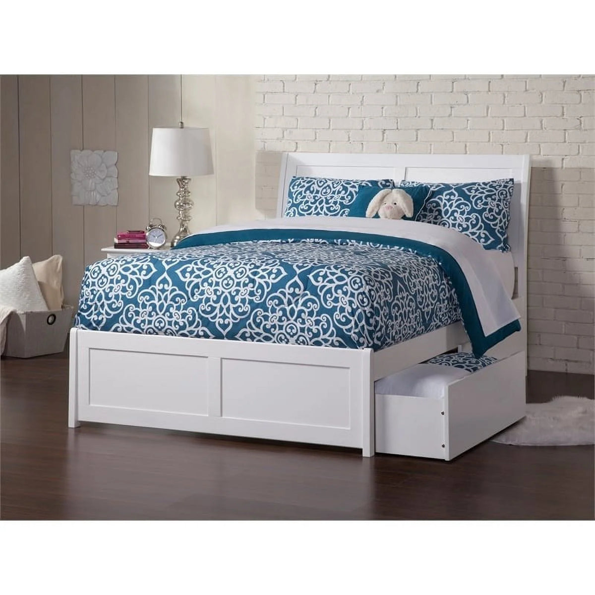 White Solid Wood Full Storage Platform Bed U825298