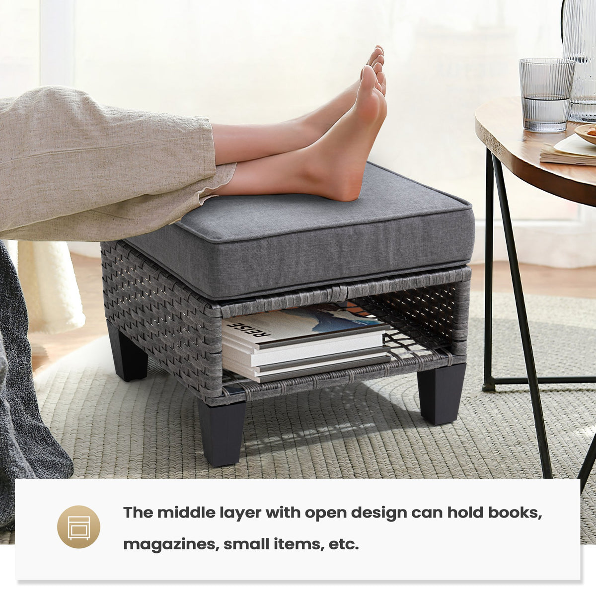 Gray 2 PCS Wicker Ottoman with Cushions E64134