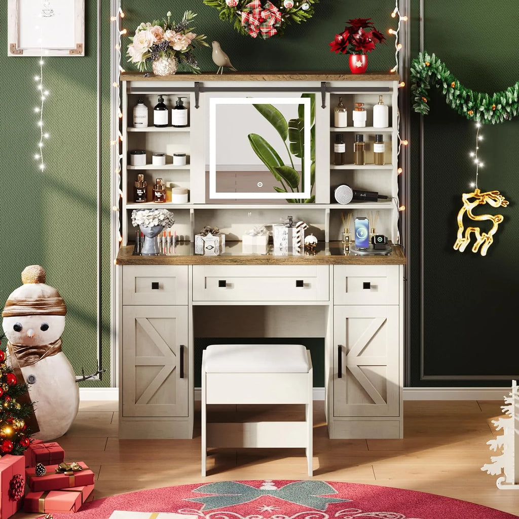 White Vanity Desk with Sliding Mirror and Lights N867