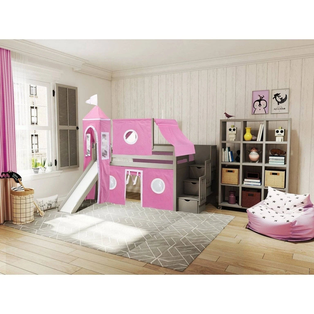 Pink & White Twin Loft Bed with Slide and Tent E8009