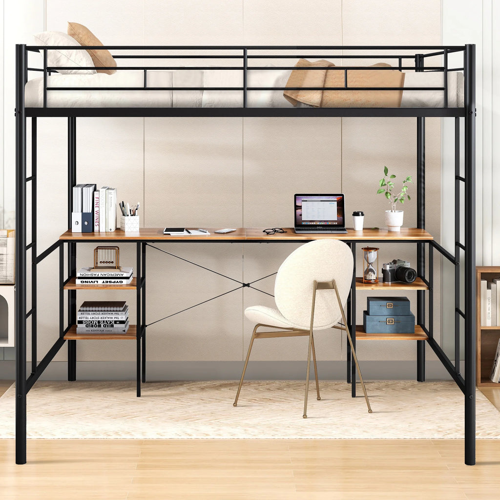 Black Twin Metal Loft Bed with Desk and 4 Shelves X6369