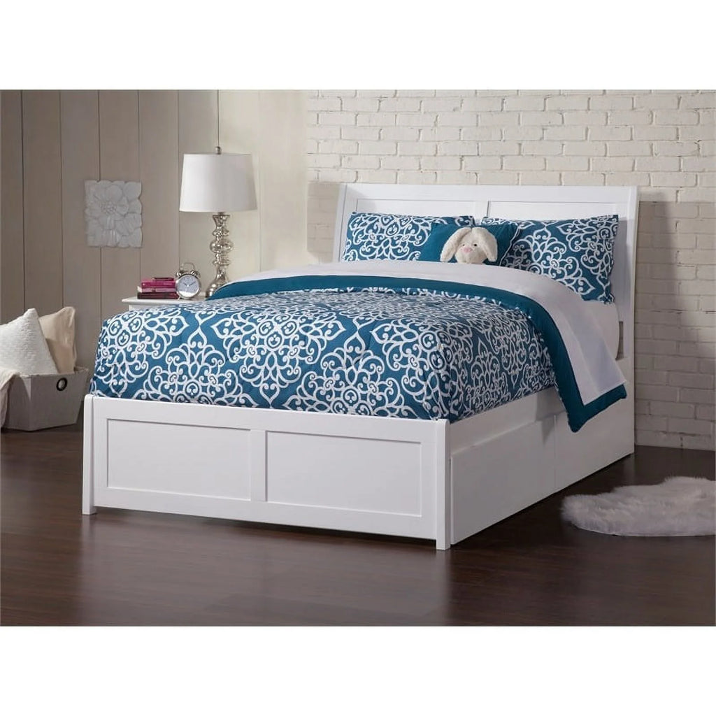 White Solid Wood Full Storage Platform Bed U825298
