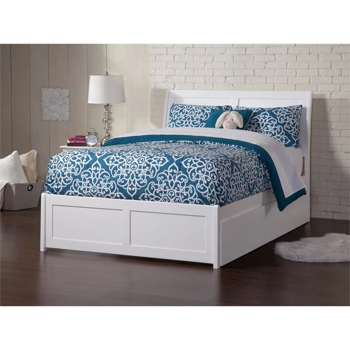 White Solid Wood Full Storage Platform Bed U825298