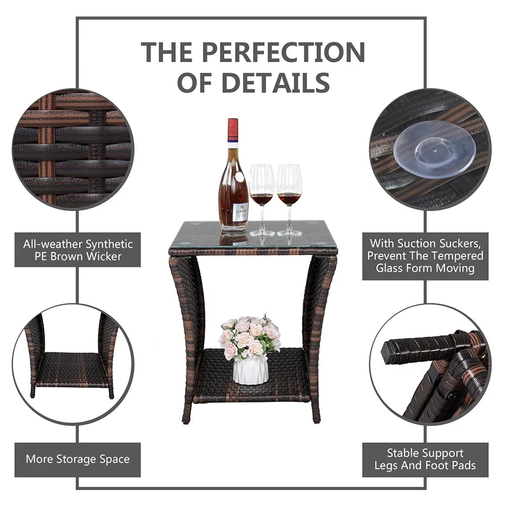 Square Tempered Glass Top Wicker Rattan Side Table with Storage J607137