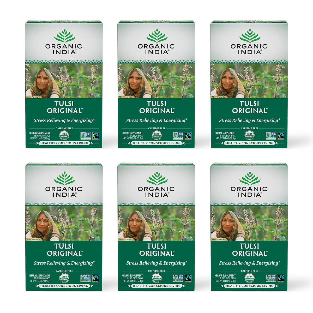 Organic Tulsi Holy Basil Herbal Tea, Caffeine-Free, 18 Bags, 6 Pack M312450