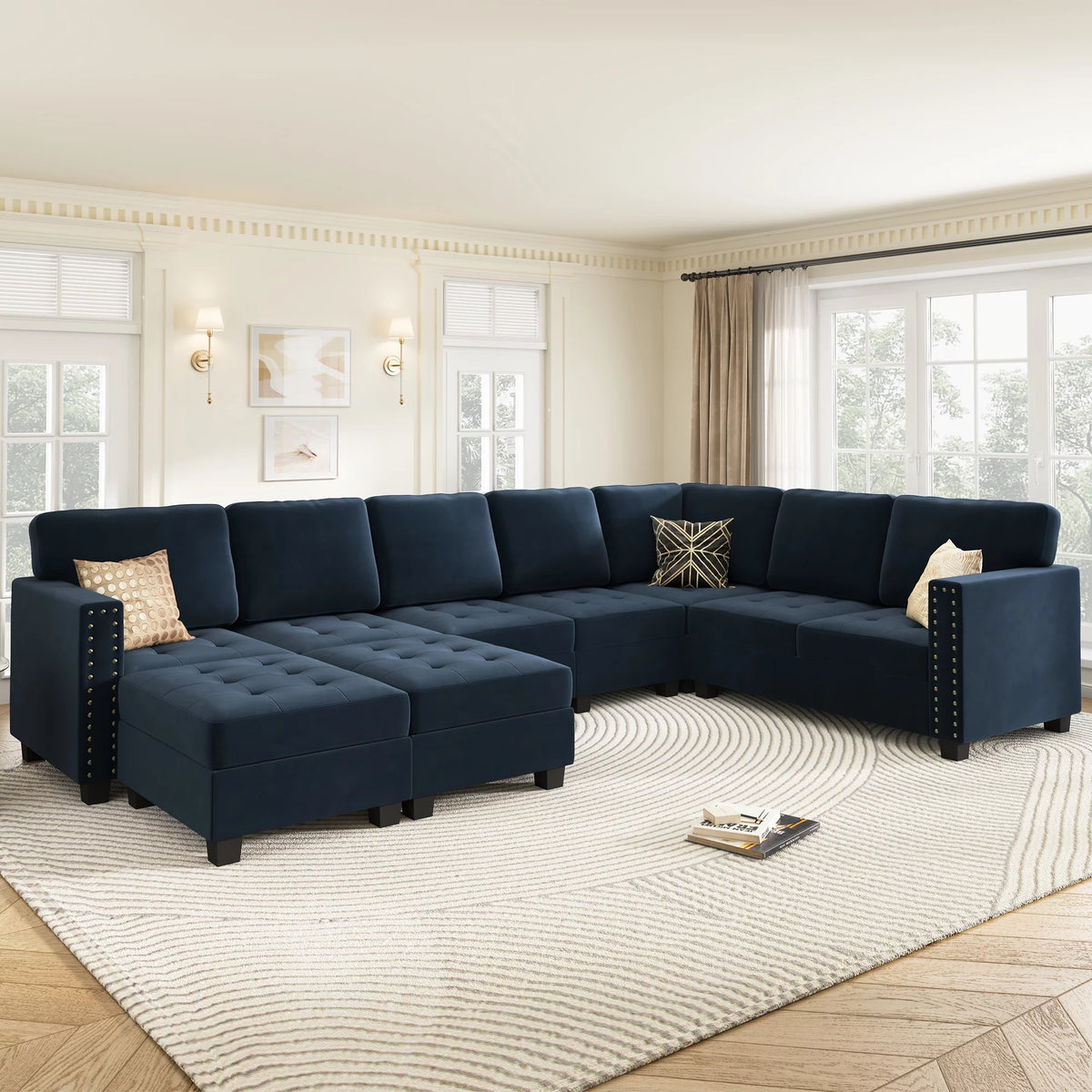 Dark Navy Blue U-Shape Tufted Sectional Sofa with Storage Reversible Ottoman R103101