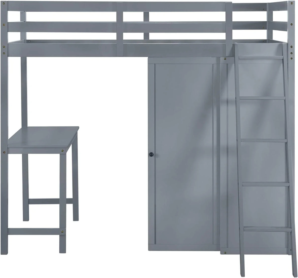 Wood Loft Bed with Wardrobe Desk and Guardrail (Gray) Y262991