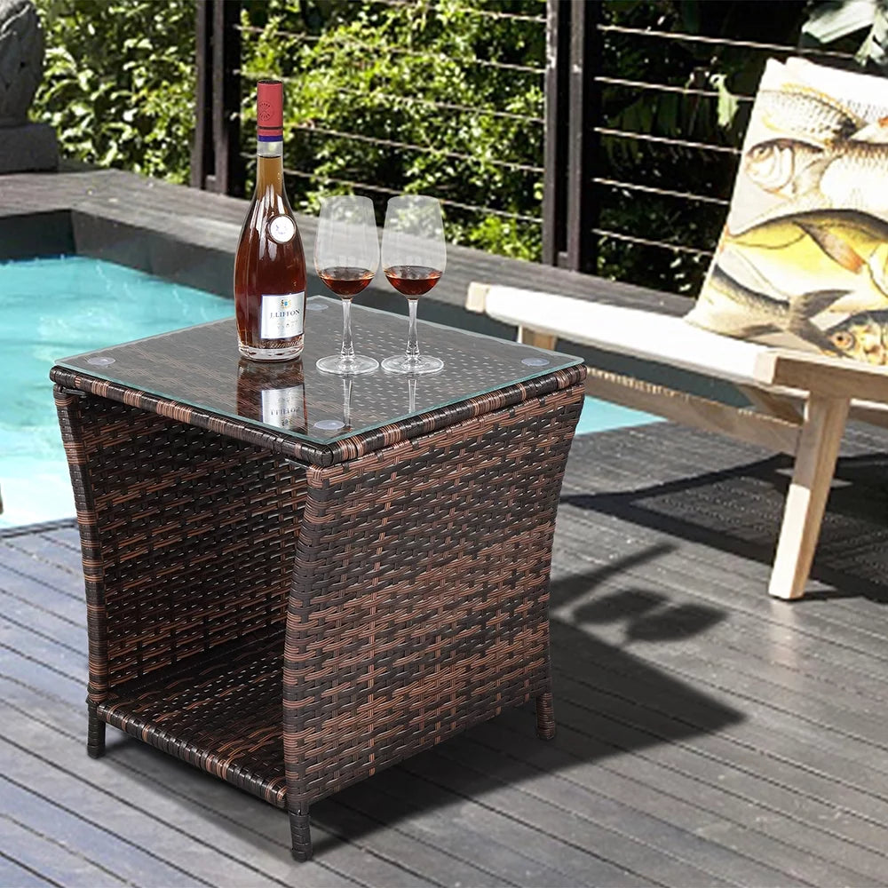 Square Tempered Glass Top Wicker Rattan Side Table with Storage J607137