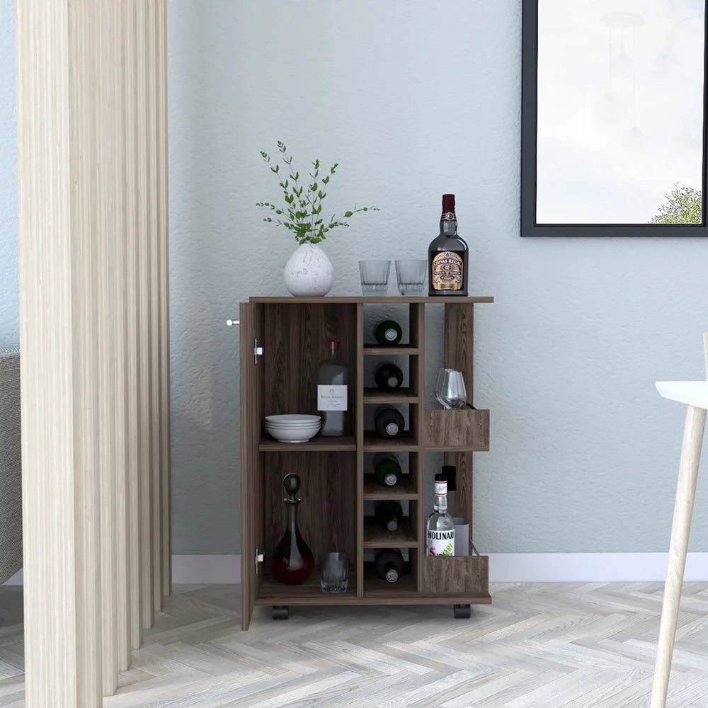 Bar Cart with Four Casters Dark Walnut Finish F16888