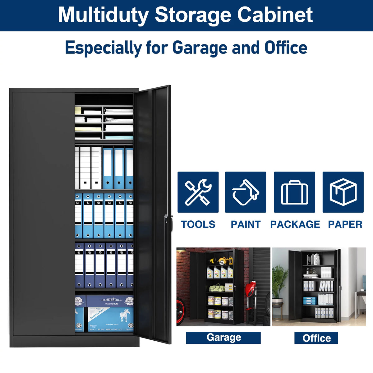 Metal Storage Cabinet with Lock, 4 Adjustable Shelves, 2 Door, Black P84251