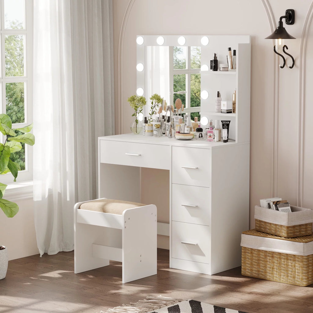 White Makeup Vanity Table with Lighted Mirror and 4 Drawers G532