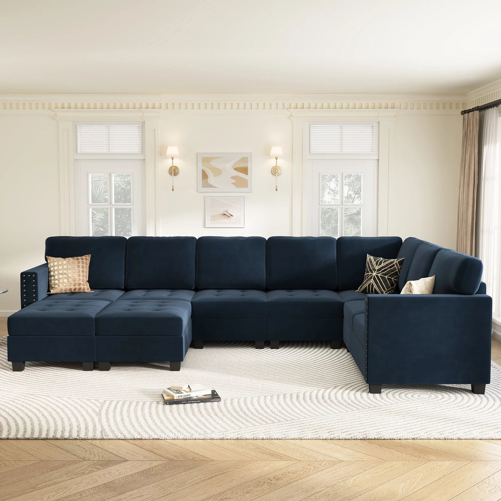 Dark Navy Blue U-Shape Tufted Sectional Sofa with Storage Reversible Ottoman R103101