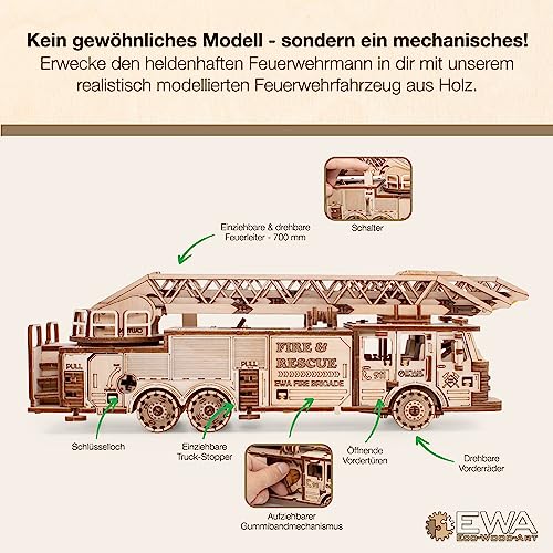 3D Wooden Puzzle Fire Truck Mechanical Model Kit with Wind Up Mechanism, 439 Pieces V96131
