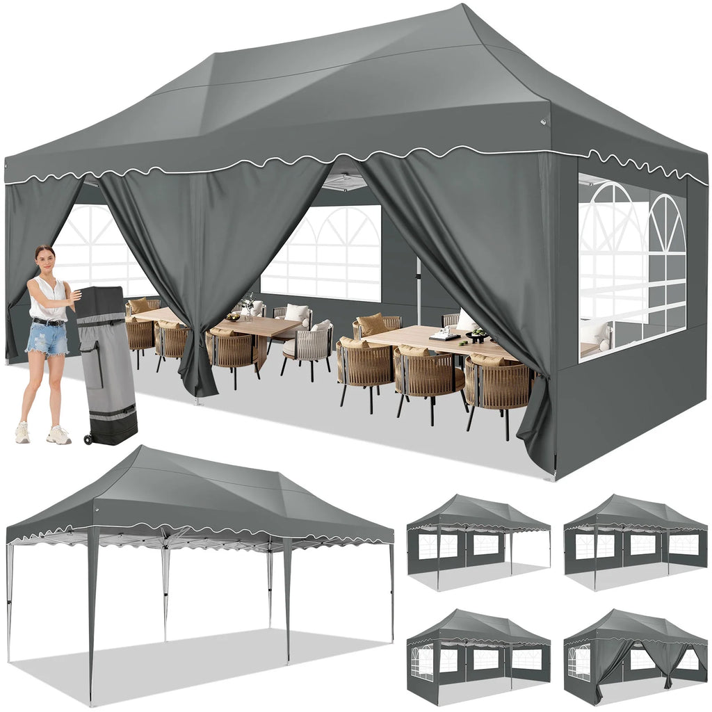 10' x 20' Pop Up Canopy Tent with 6 Removable Sidewalls, Carry Bag, 4 Sandbags, Gray P600
