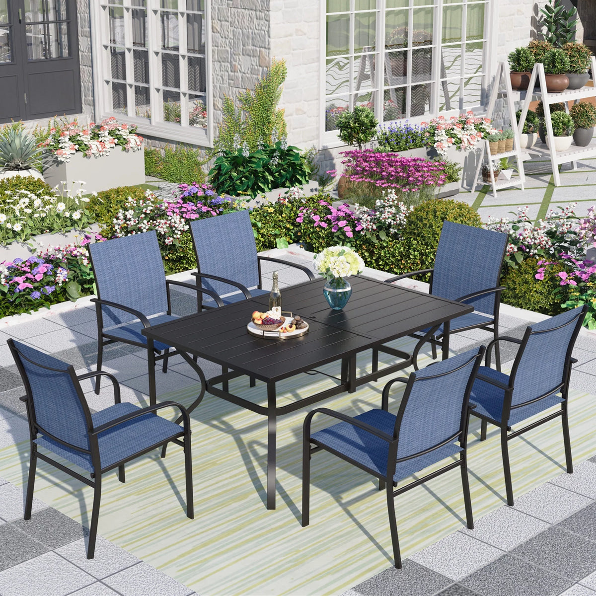 7-Piece Outdoor Patio Dining Set with Rectangle Steel Table & Textilene Chairs D9812
