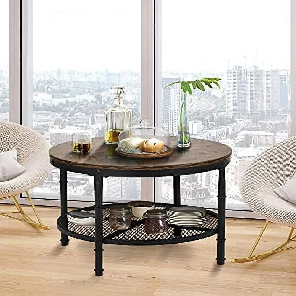 Small Round Coffee Table with Rustic Wood Top & Metal Legs & 2-Tier Grey B184975