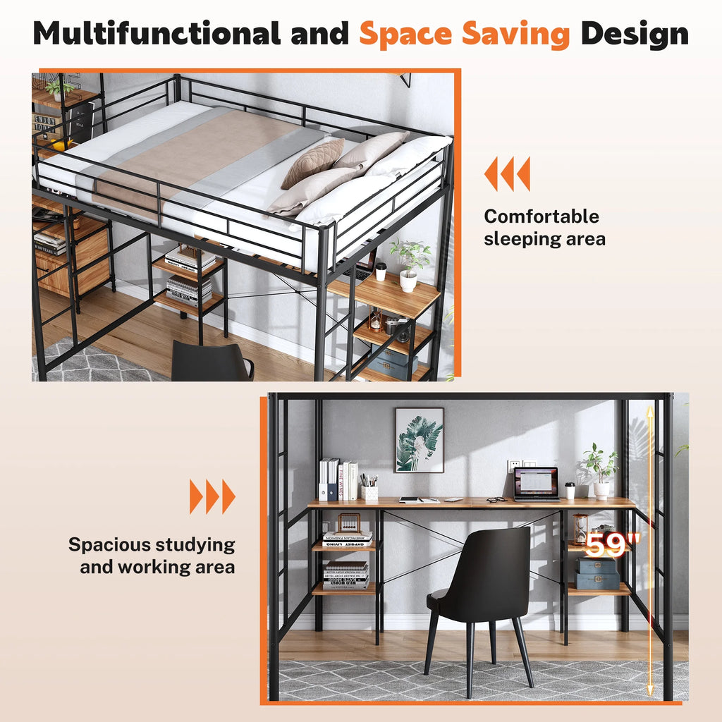 Black Twin Metal Loft Bed with Desk and 4 Shelves X6369