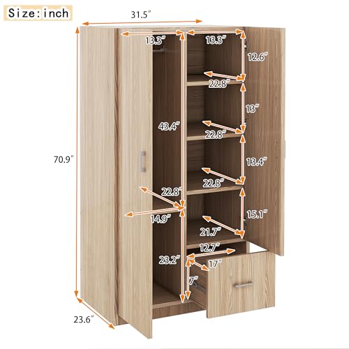 Wooden Armoire with Double Doors and Storage Drawer, 2 Door Wardrobe with 5 Fixed Shelves and Hanging Rod U3433