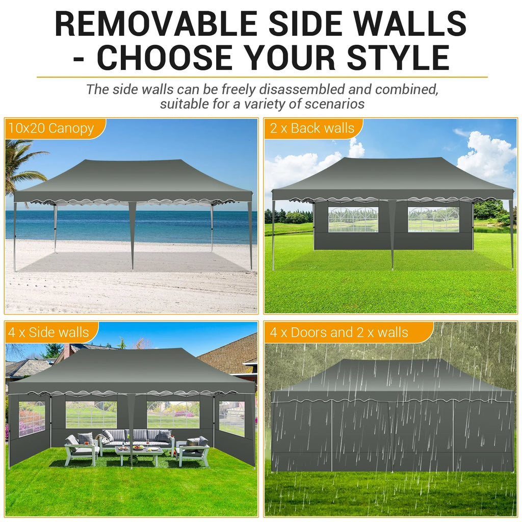 10' x 20' Pop Up Canopy Tent with 6 Removable Sidewalls, Carry Bag, 4 Sandbags, Gray P600