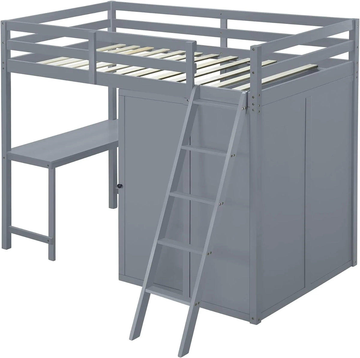 Wood Loft Bed with Wardrobe Desk and Guardrail (Gray) Y262991