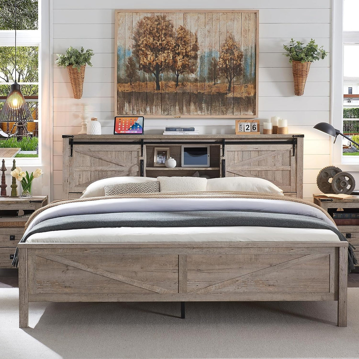Light Rustic Oak Wood Platform Bed Frame with Bookcase Storage Headboard H824430
