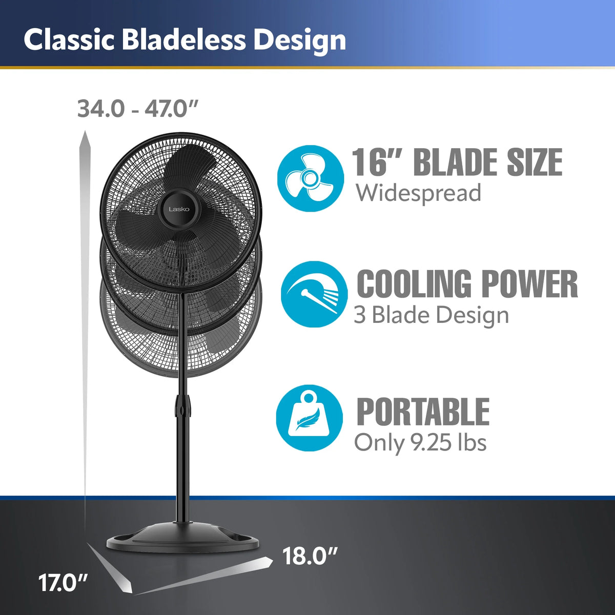 16 Oscillating Adjustable Pedestal Fan with 3-Speeds, Black Y1378