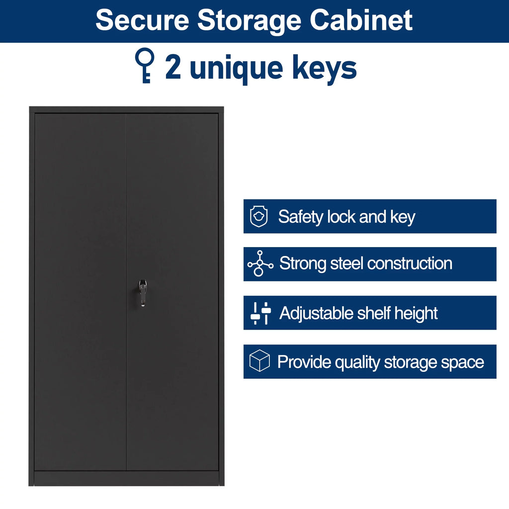 Metal Storage Cabinet with Lock, 4 Adjustable Shelves, 2 Door, Black P84251