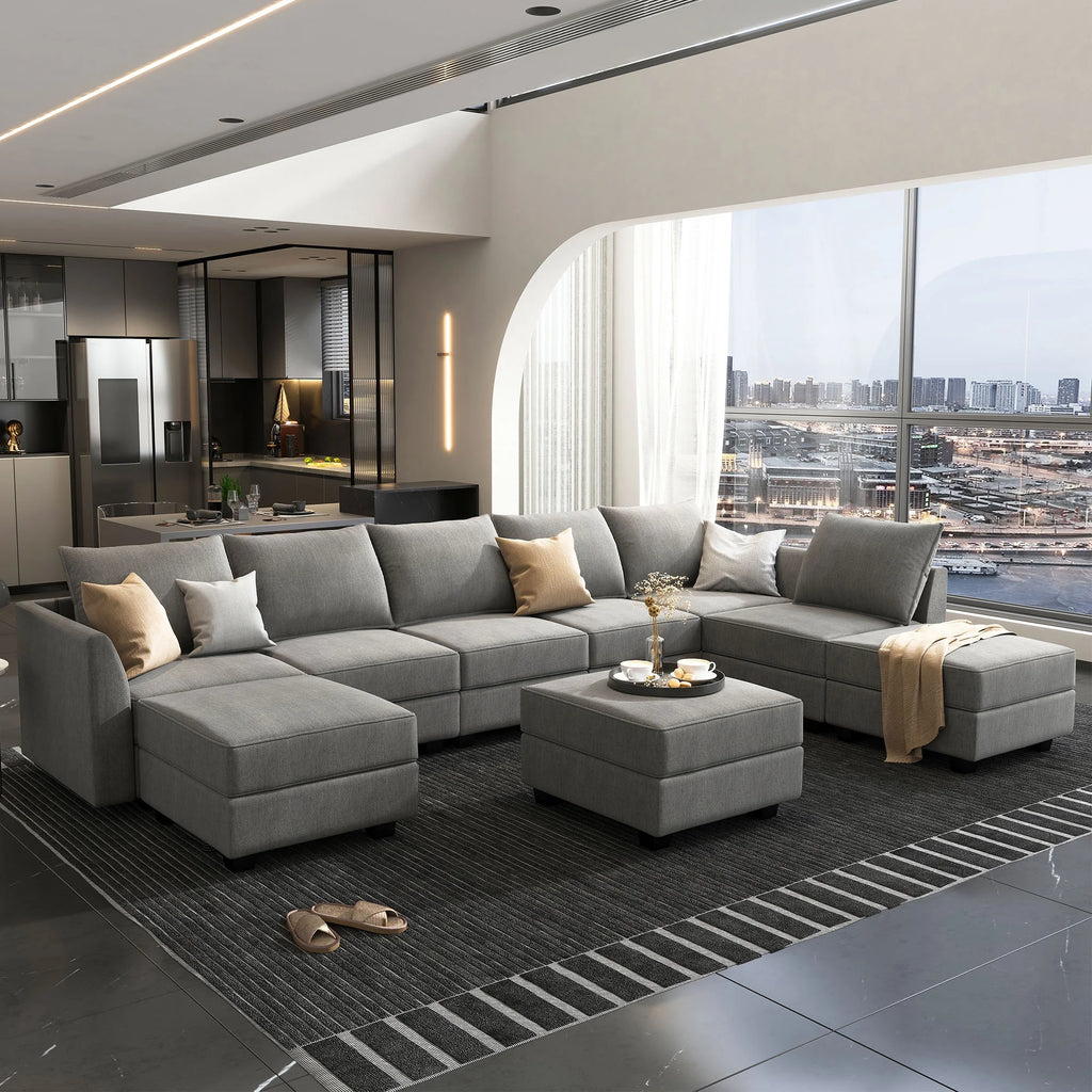 Grey U Shaped Sectional Sofa with Storage Ottomans U86738