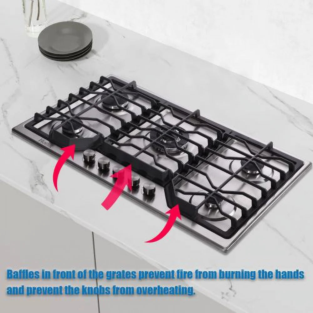 5 Burners 34 inch Gas Cooktop, 36000 BTU Stainless Steel Gas Range Top U16144