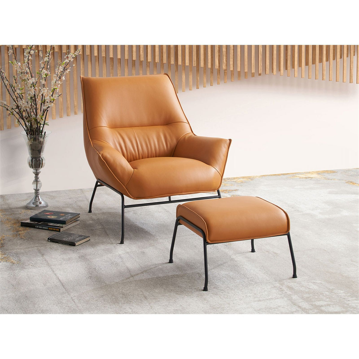 Tan Upholstered Leather Accent Chair and Ottoman D120
