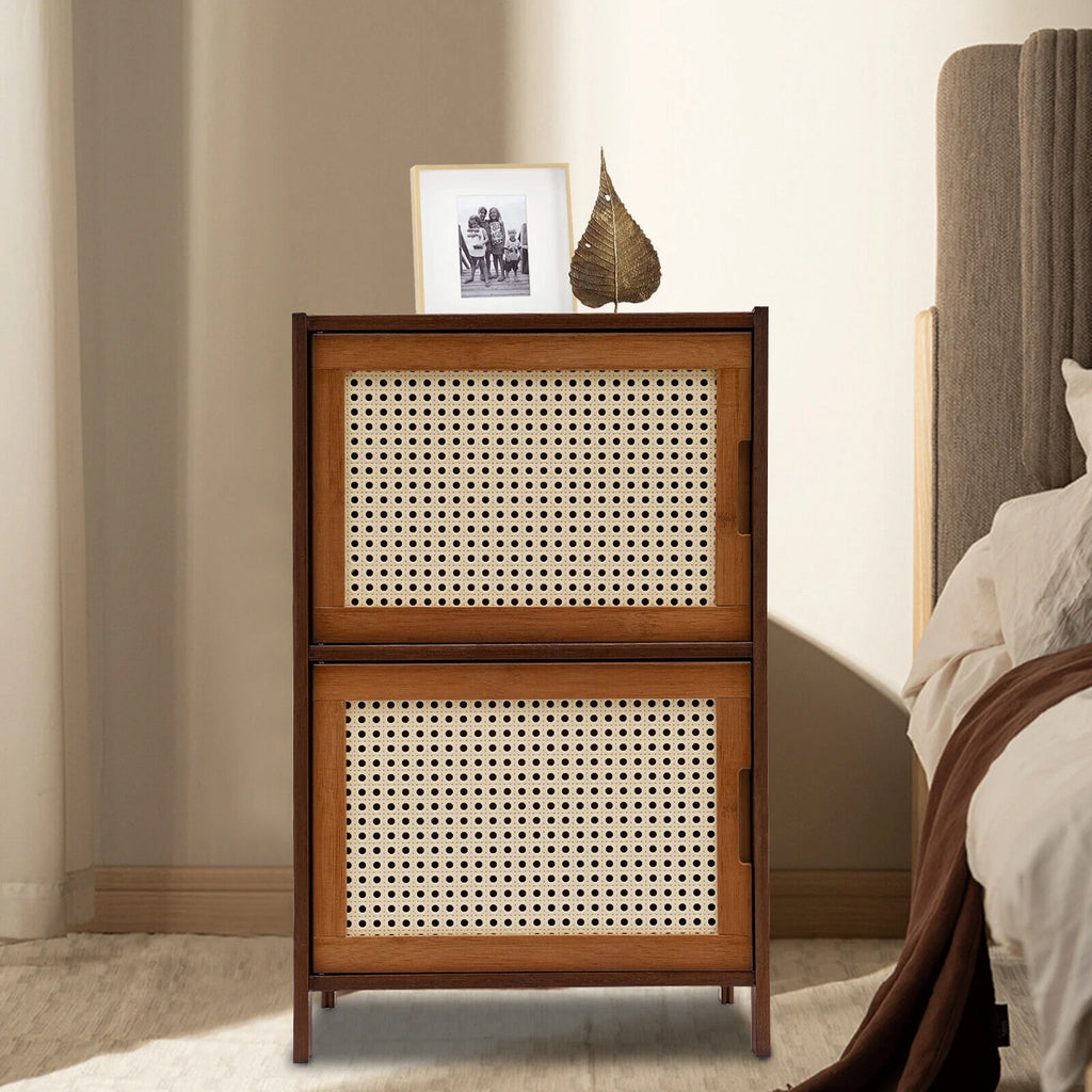 Dark Brown Rattan Nightstand with Door Drawer N741579