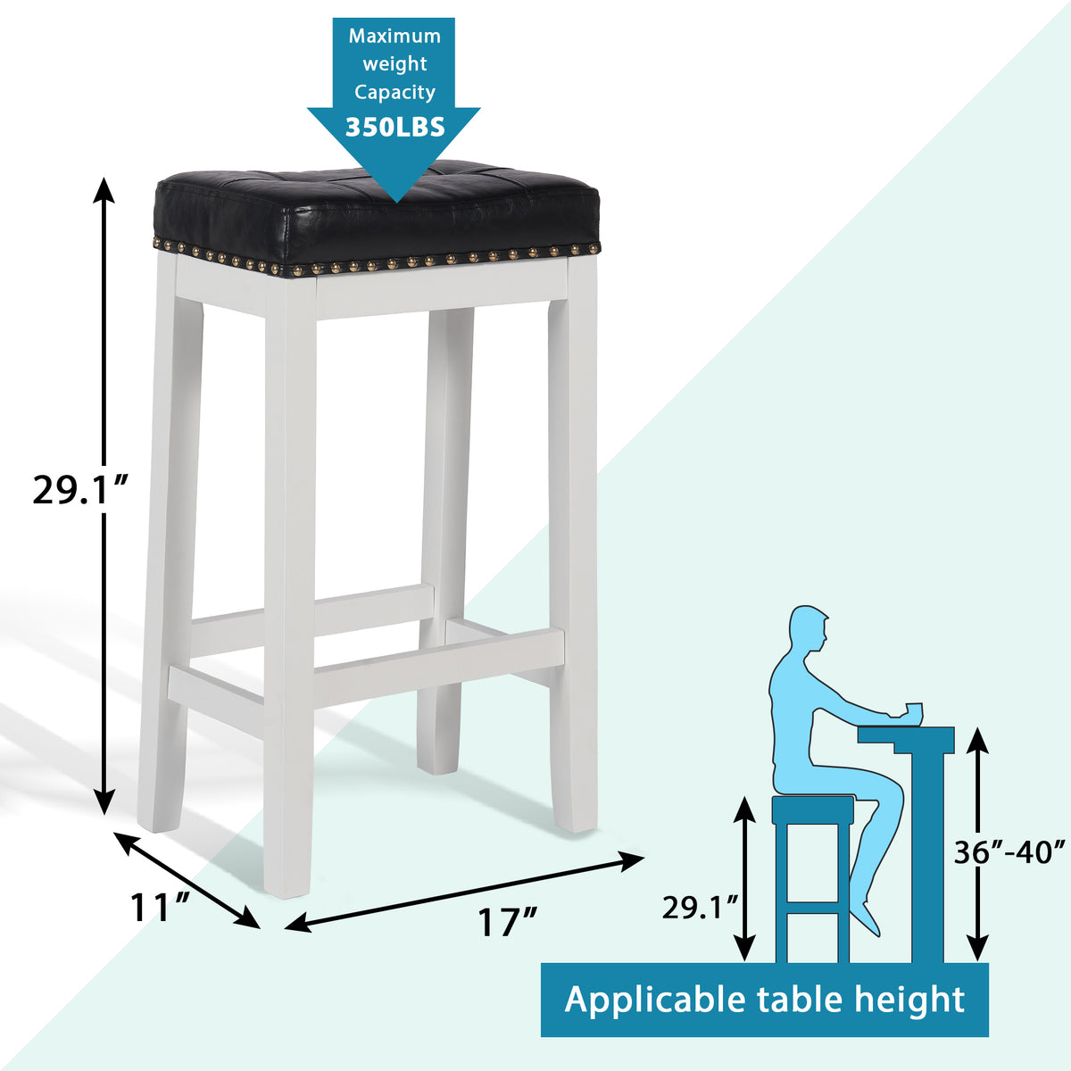 29 Inch Bar Stools Set of 2 PU Leather Solid Wooden Saddle Stool White F9723