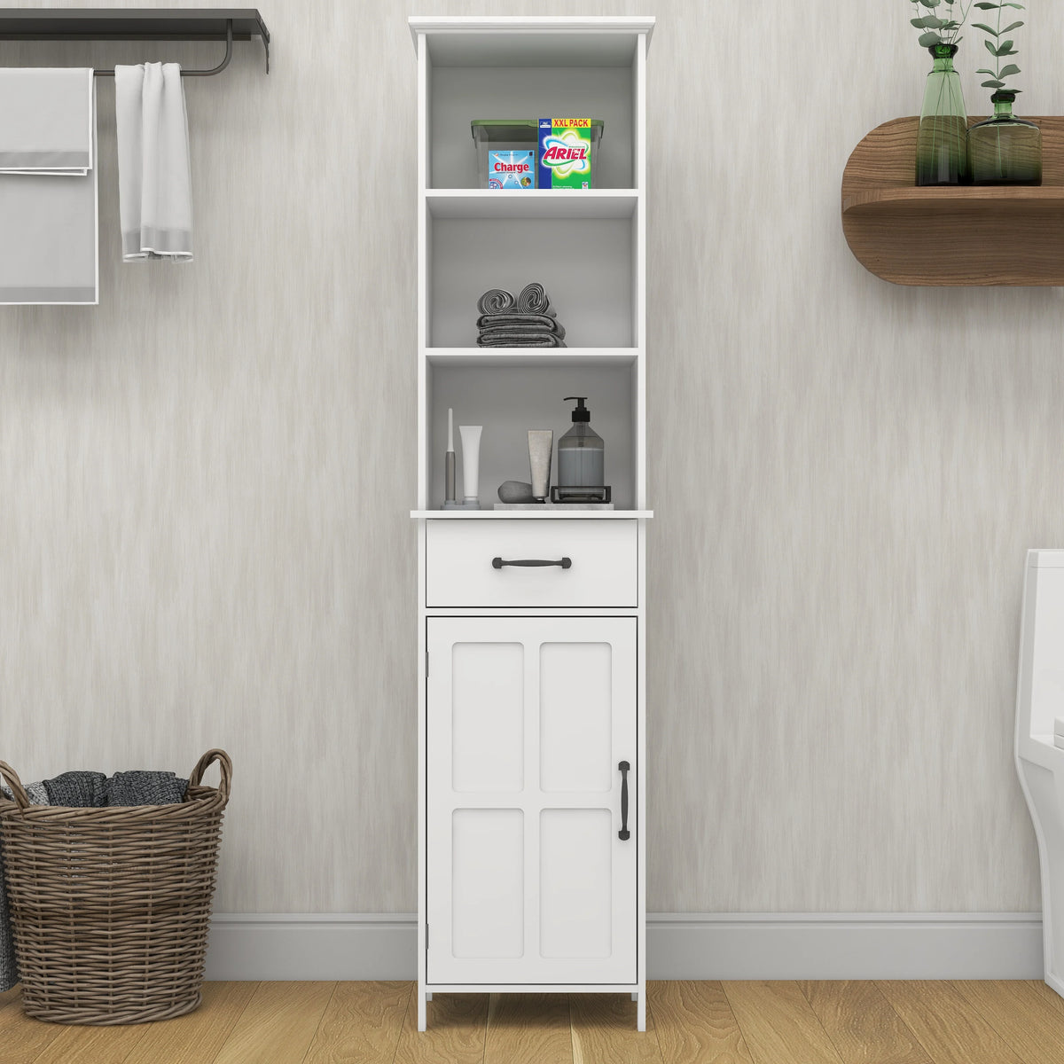 Tall Narrow White Storage Cabinet with One Door D25721