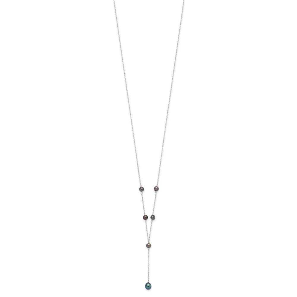 925 Sterling Silver Rhodium-plated Black Freshwater Cultured Pearl Y-Drop Necklace 16" Z12126
