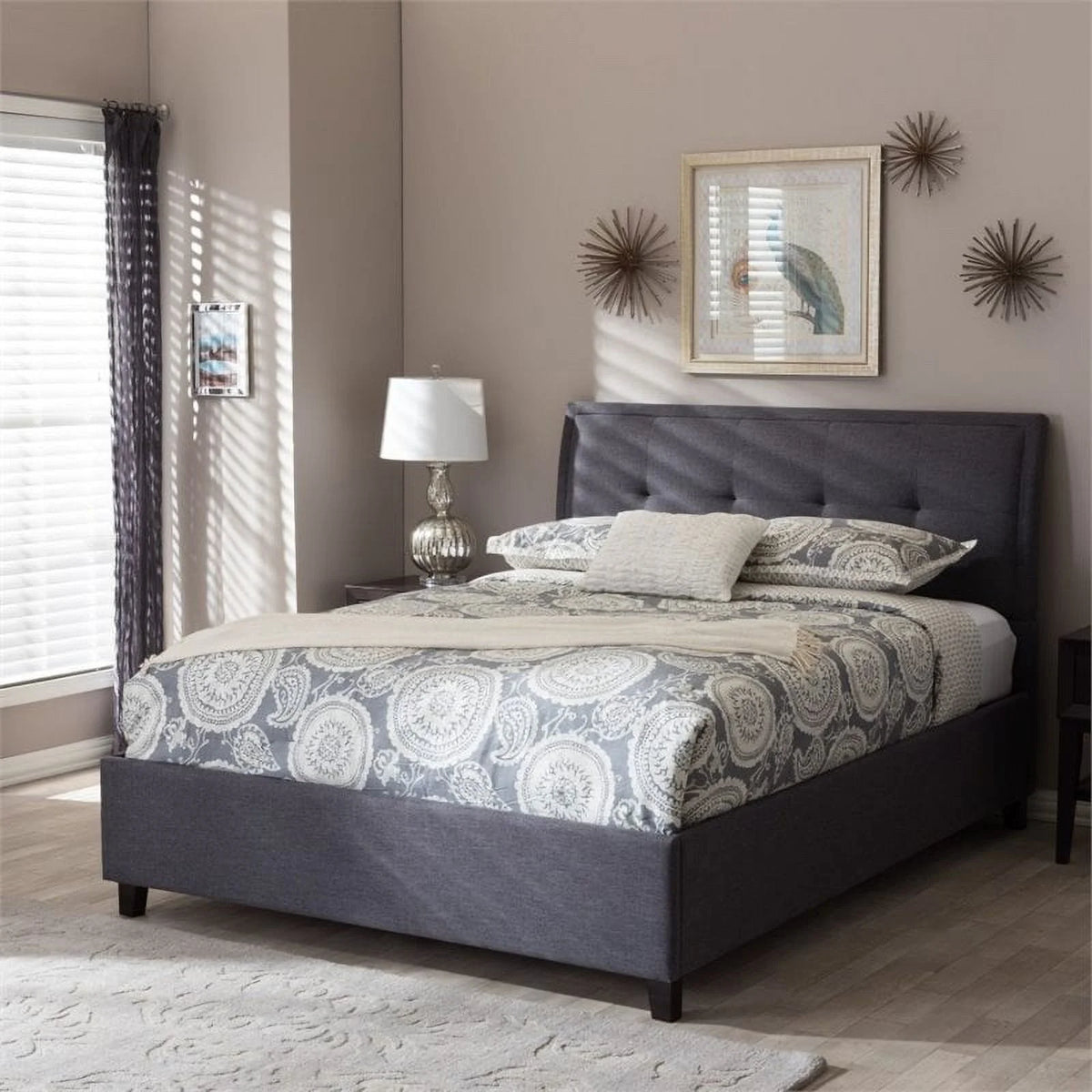 Modern Upholstered Fabric Queen Platform Bed in Dark Gray B77793