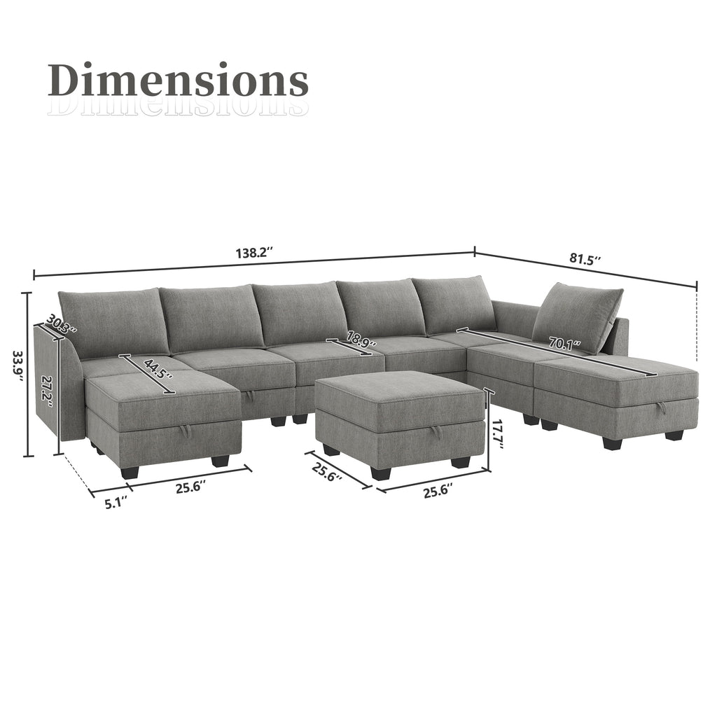 Grey U Shaped Sectional Sofa with Storage Ottomans U86738