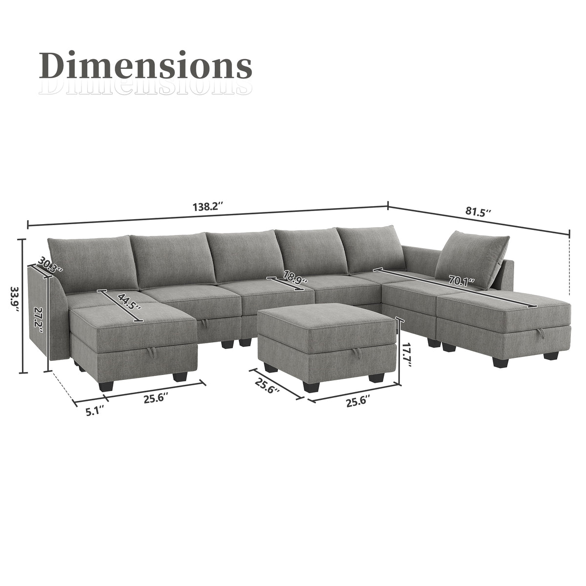 Grey U Shaped Sectional Sofa with Storage Ottomans U86738