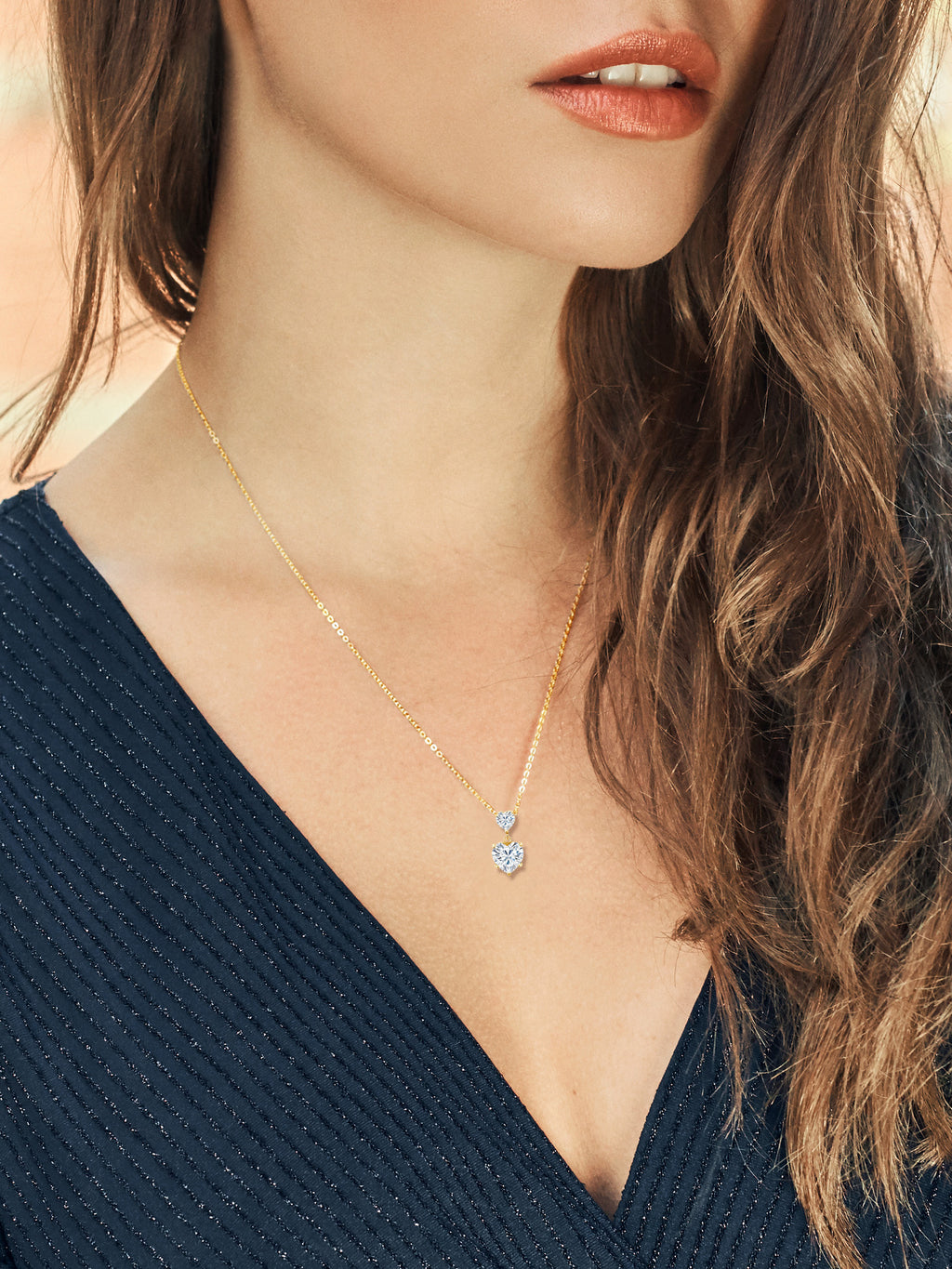 18K Yellow Gold Plated Silver White Moissanite Double Heart Pendant Necklace with 18 inch Silver Chain G634712