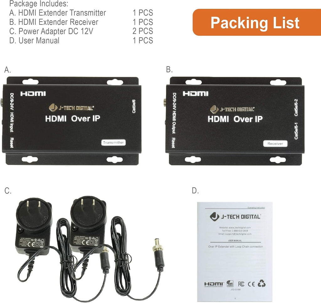 HDMI Extender Over Cat 5e/Cat6 Cable Daisy Chain Cascade to Multiple Receivers TCP/IP up to 1080P FHD 60Hz 400ft / 120M HDCP 1.4 Pack of 2 W58279