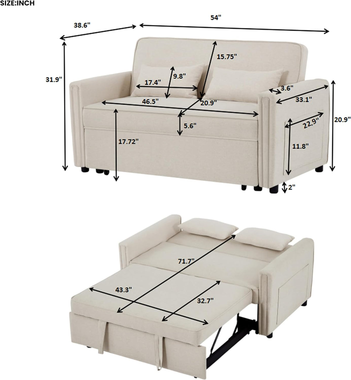 2 Seater Sleeper Sofa Bed with 2 Lumbar Pillows M81530