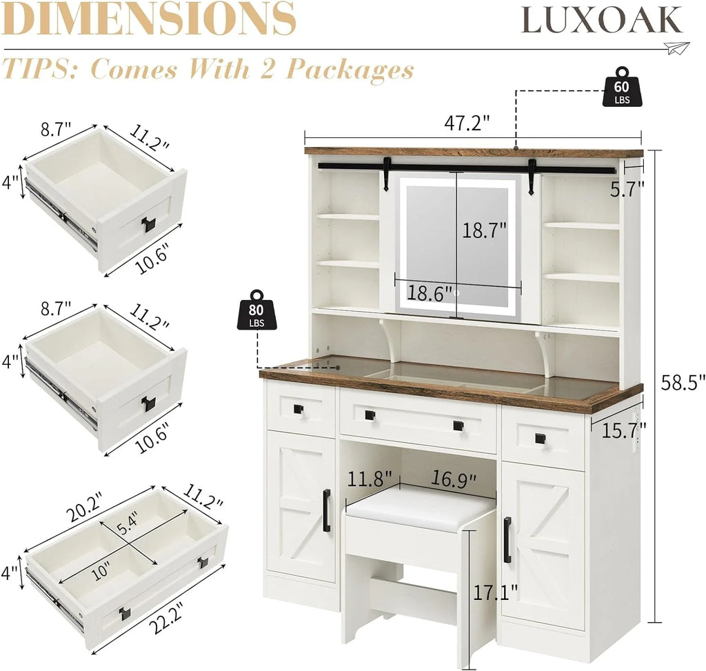 White Vanity Desk with Sliding Mirror and Lights N867