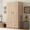 Wooden Armoire with Double Doors and Storage Drawer, 2 Door Wardrobe with 5 Fixed Shelves and Hanging Rod U3433