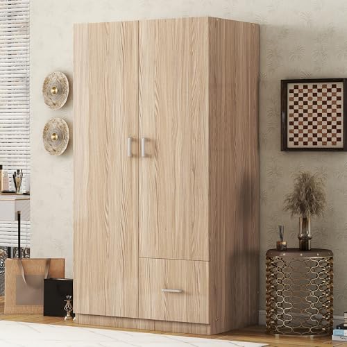 Wooden Armoire with Double Doors and Storage Drawer, 2 Door Wardrobe with 5 Fixed Shelves and Hanging Rod U3433